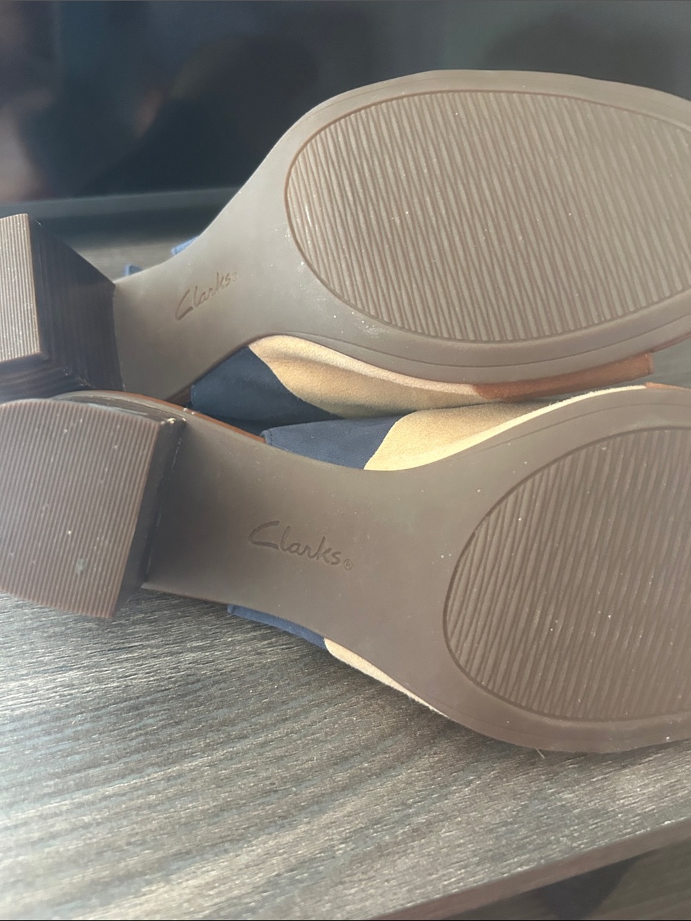 Clarks Tri-Panel Suede Slingback Sandals - Navy, Tan, Brown - Picture 3 of 5
